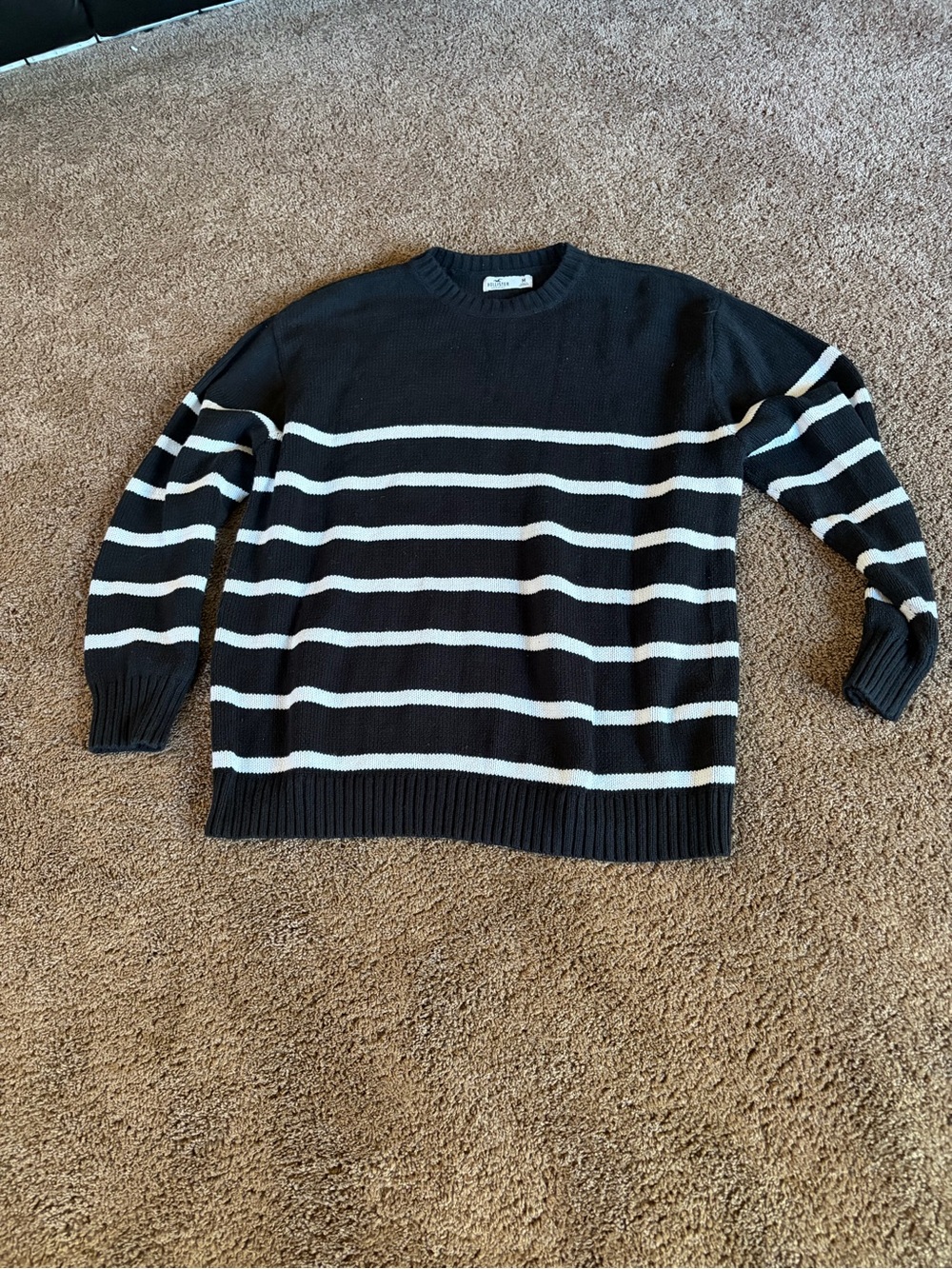 Hollister Black and White Striped Women's Crewneck Sweater